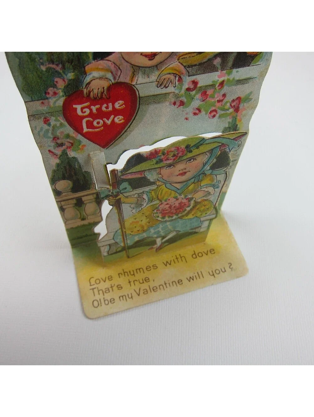 Vintage Valentine 3D Pop Up Die Cut Boy & Girl 1700s Wigs & Dress Pink Flowers